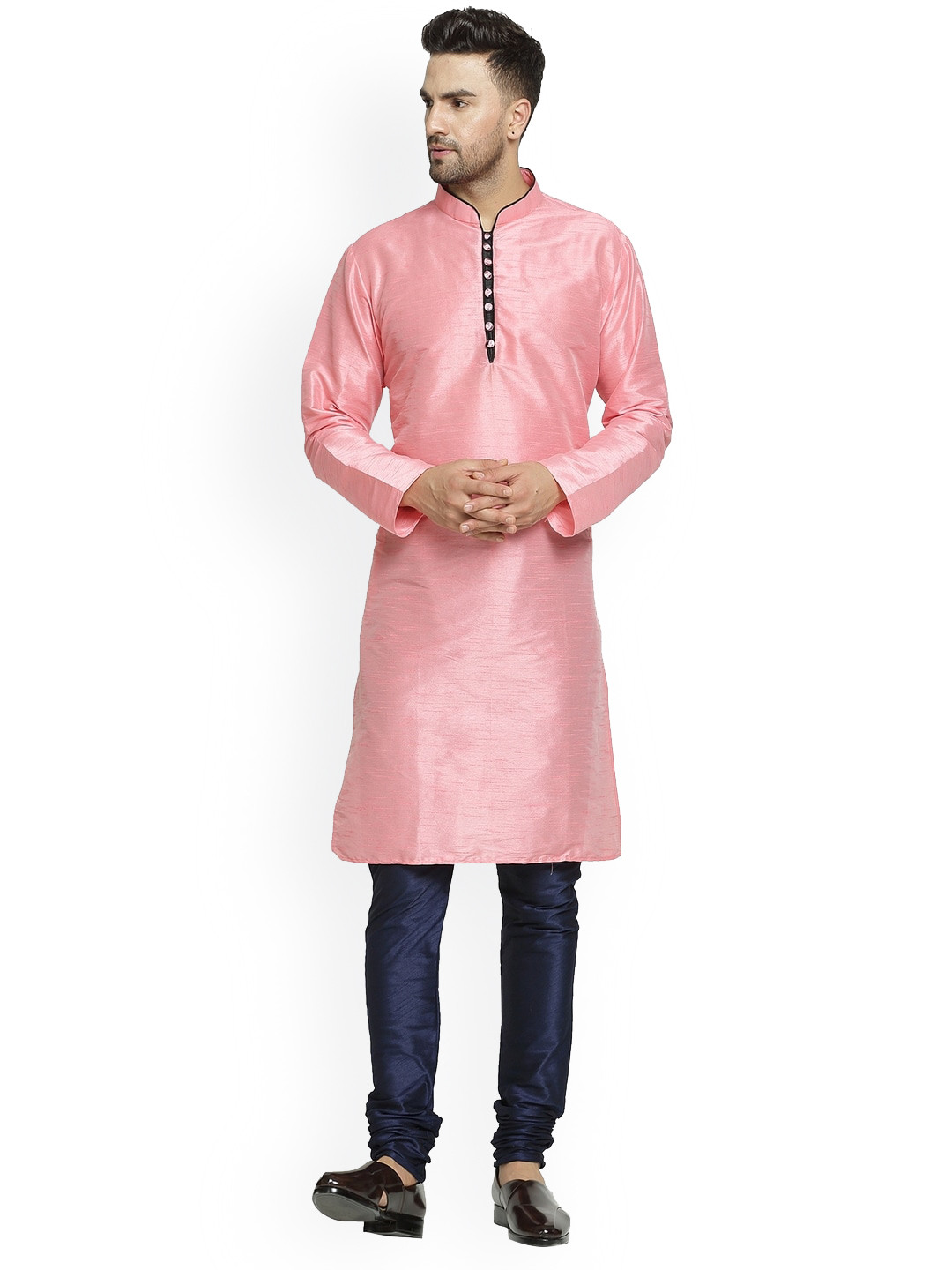 Kaifoo Men Pink & Navy Blue Solid Silk Blend Kurta Set