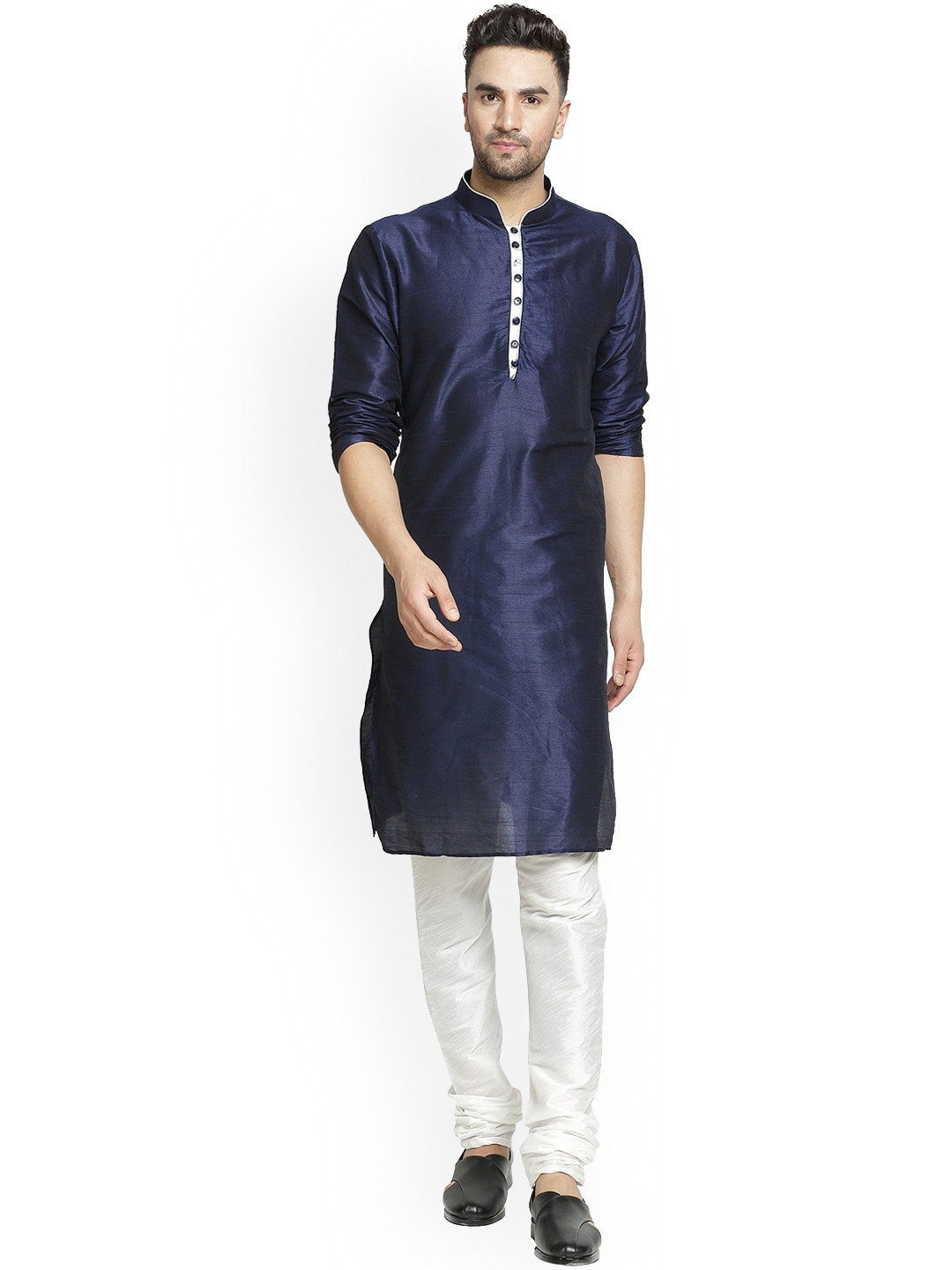 Kaifoo Men Navy Blue & White Solid Silk Blend Kurta Set