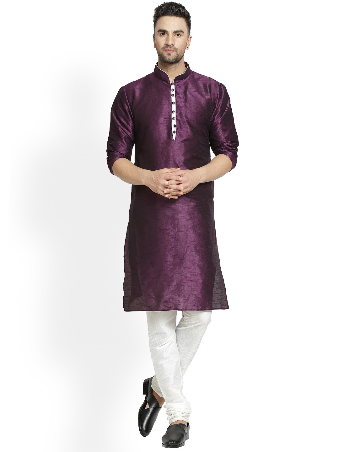 Kaifoo Men Purple & White Solid Silk Blend Kurta Set