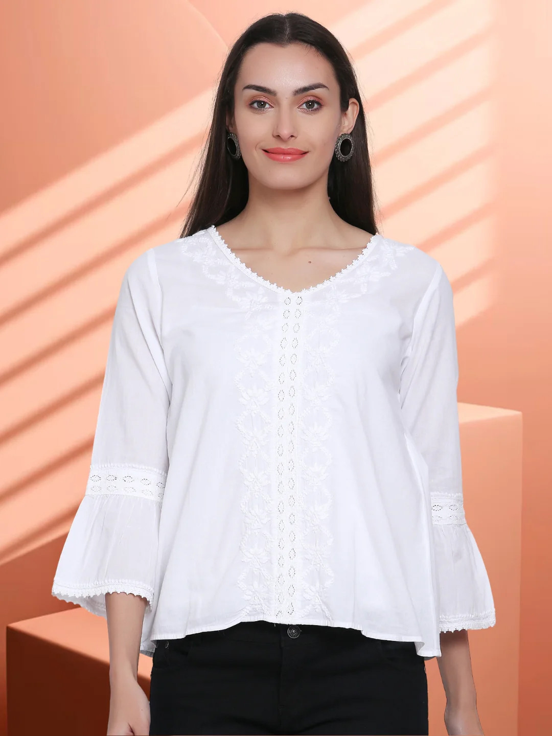 PARAMOUNT CHIKAN White Chikankari Cotton Top with Lace Trims