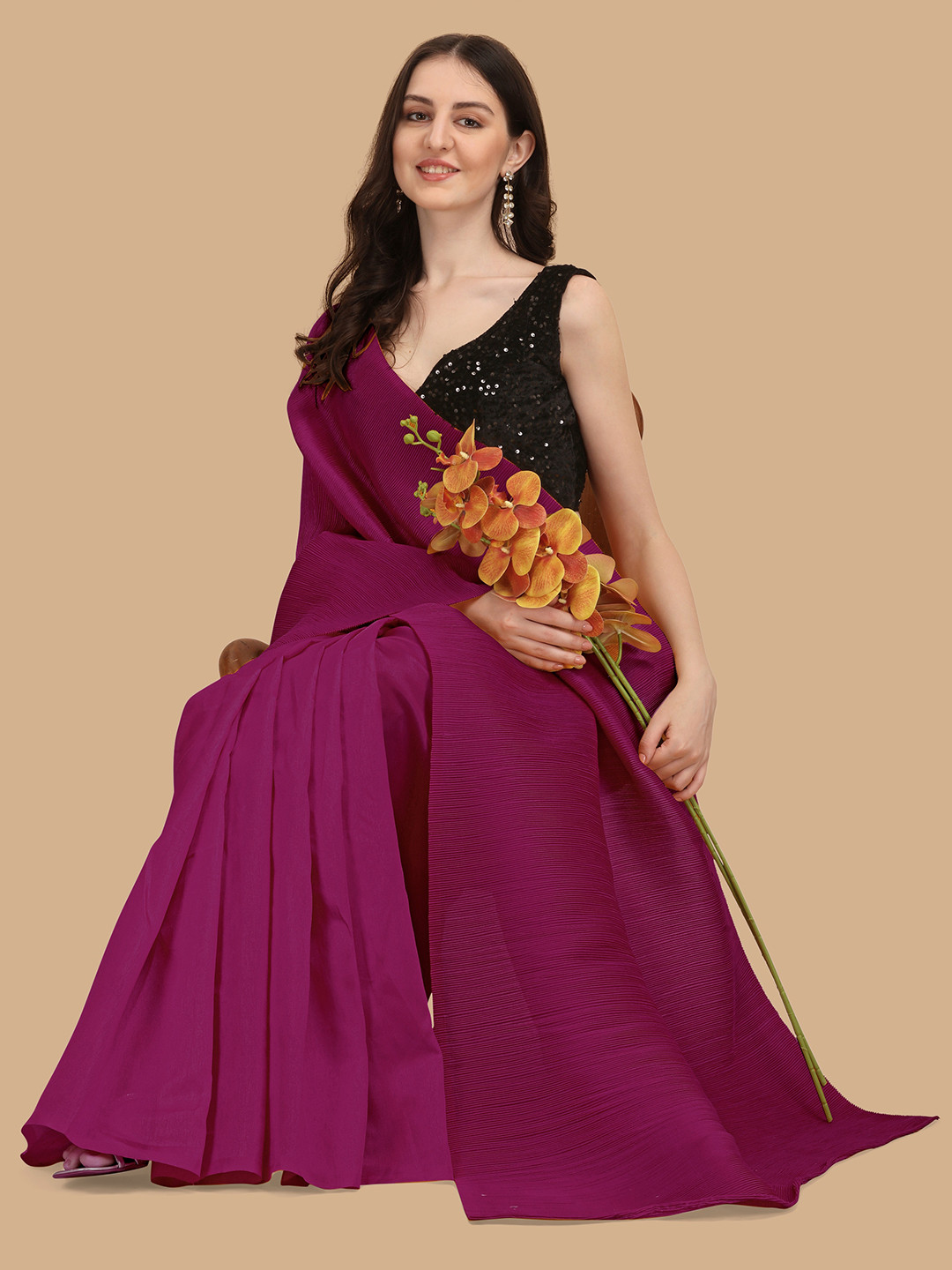 Sangria Burgundy Satin Crush Pleated Saree