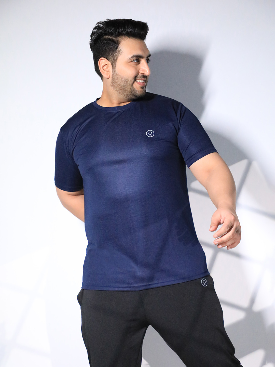 CHKOKKO Plus Men Navy Blue Checked Dri-FIT Training or Gym T-shirt
