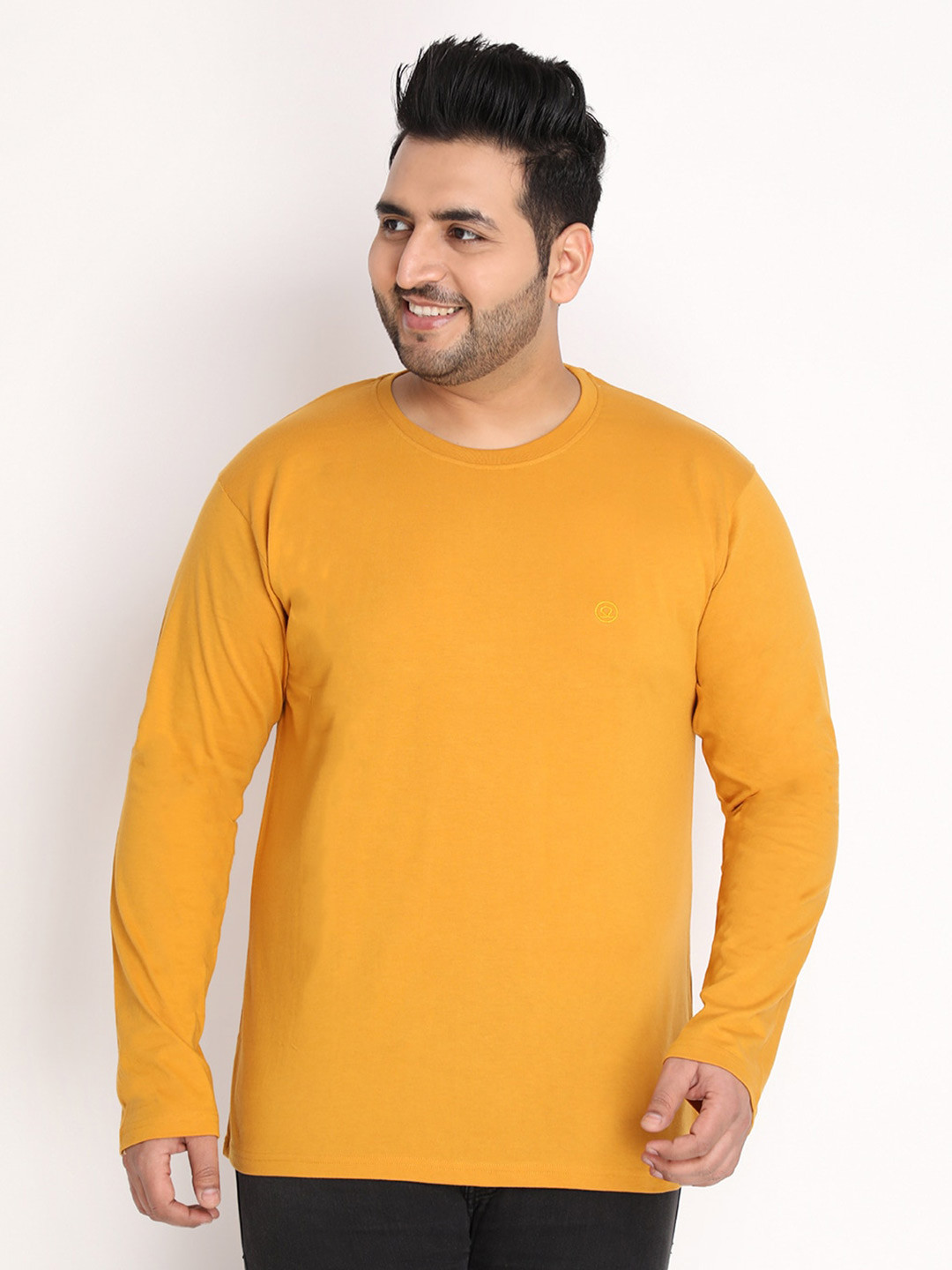 CHKOKKO Plus Men Mustard Yellow Solid Regular T-shirt