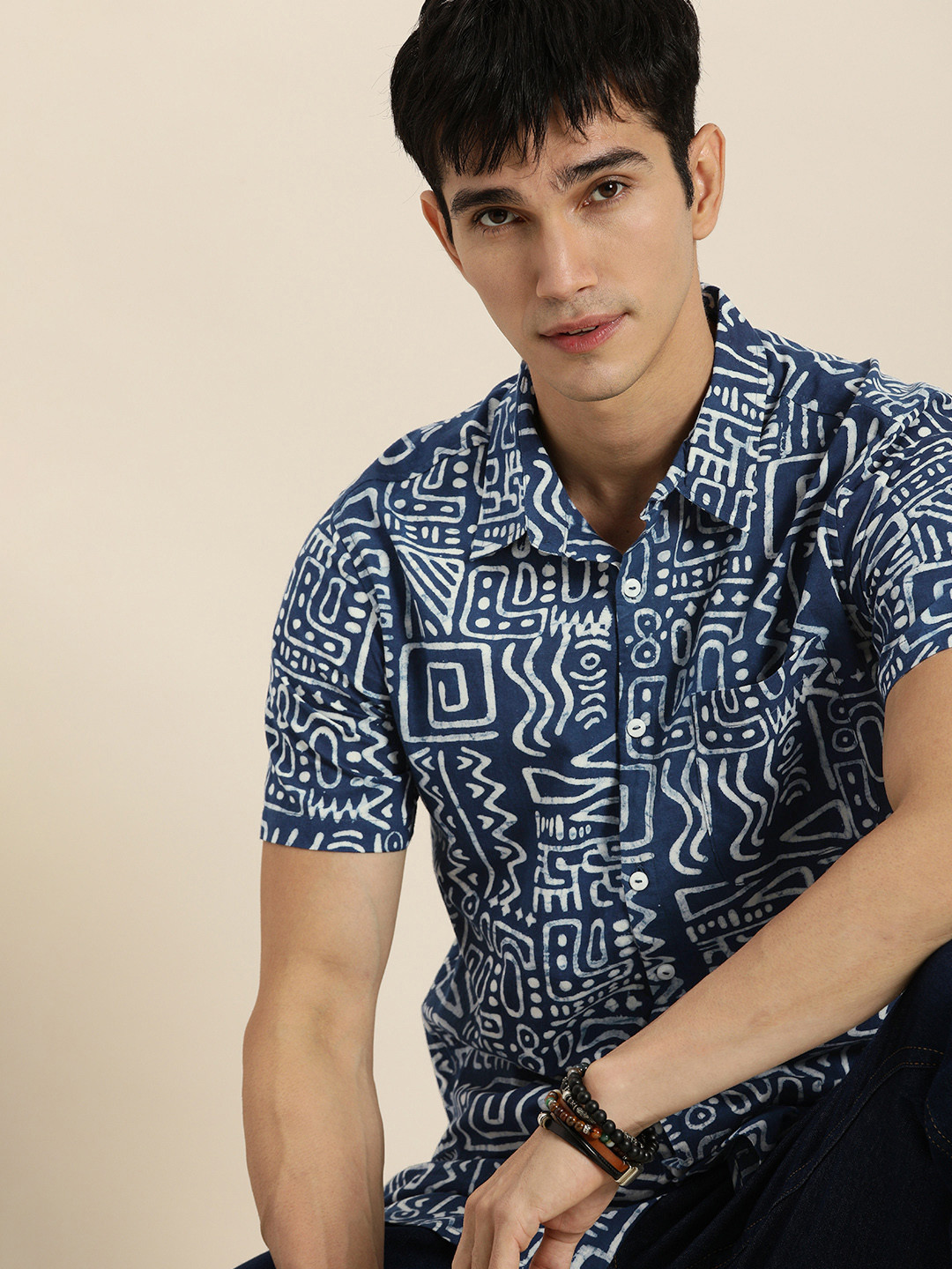 Taavi Men Navy Blue And White Indigo Hand Block Printed Printed  Cotton Casual Shirt