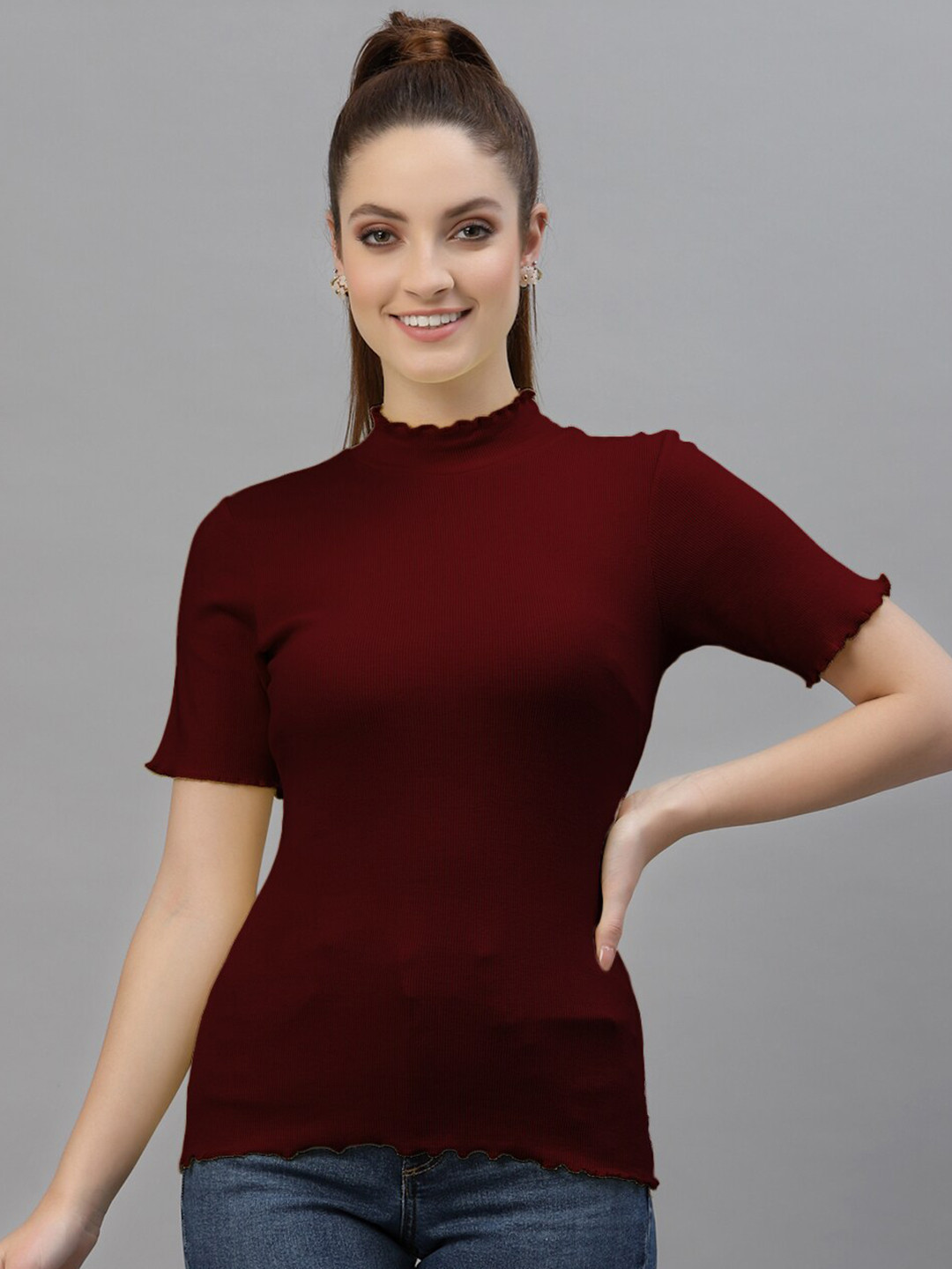 Friskers Maroon Solid High Neck Top