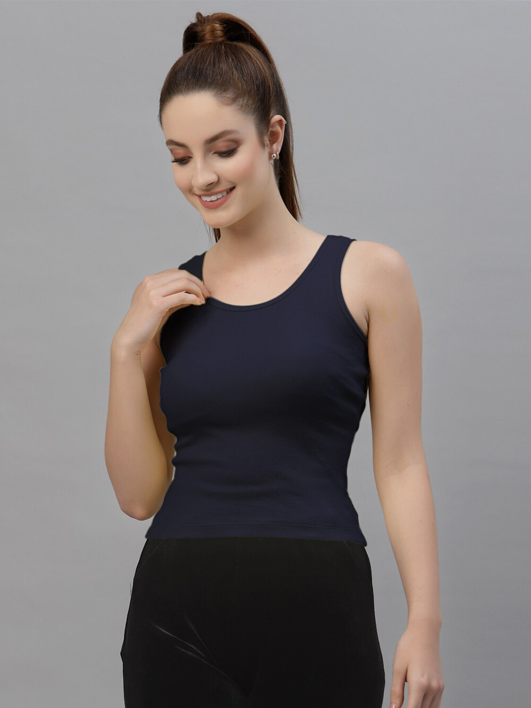 Friskers Navy Blue Rib Crop Tank Top