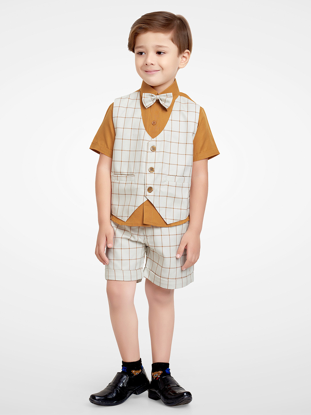 Jeetethnics Boys White & Mustard Yellow Checked Silk Cotton Shirt with Shorts