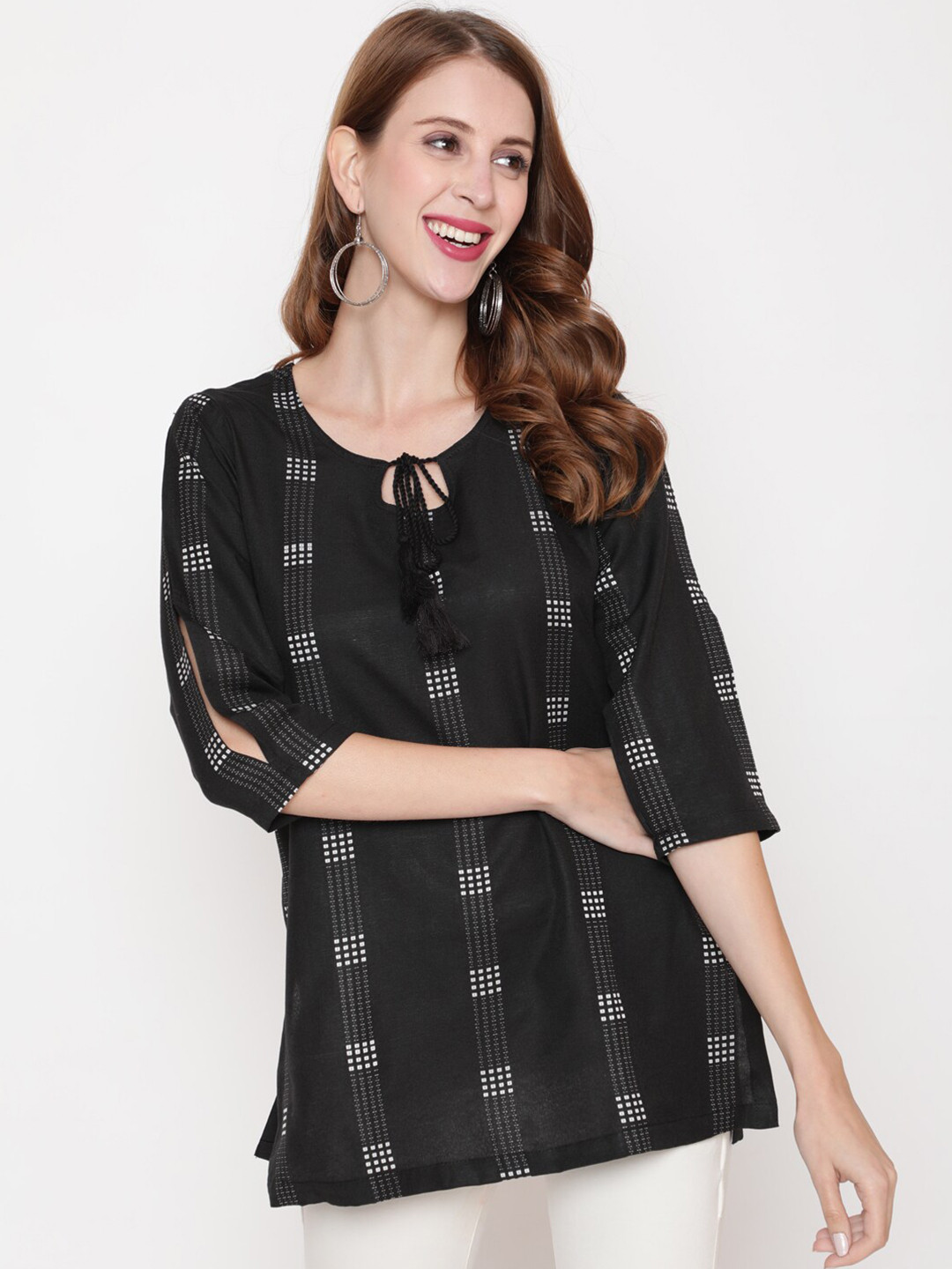 AKIMIA Black Pure Cotton Jacquard Handloom Thread Work Kurti