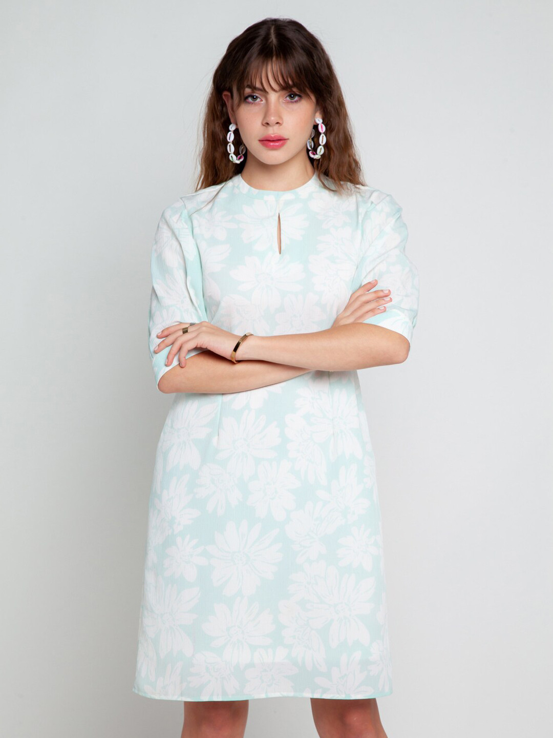 Zink London Blue Floral Keyhole Neck A-Line Dress