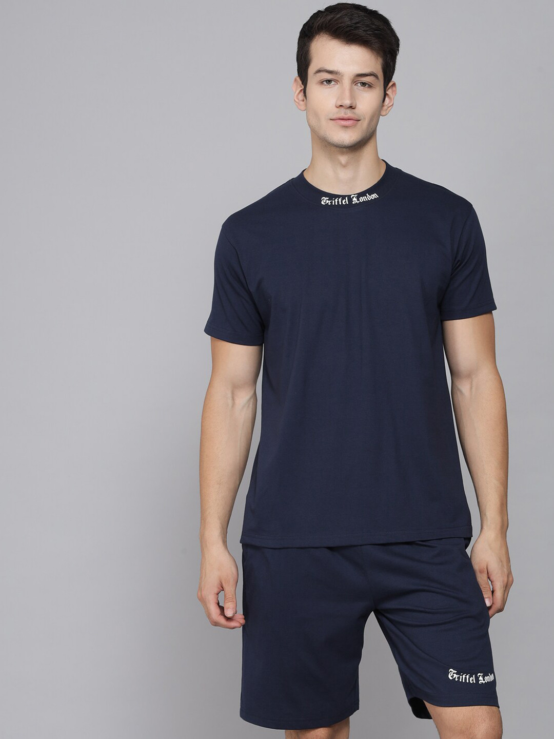 GRIFFEL Men Navy Blue & White Pure Cotton Co-Ord Set