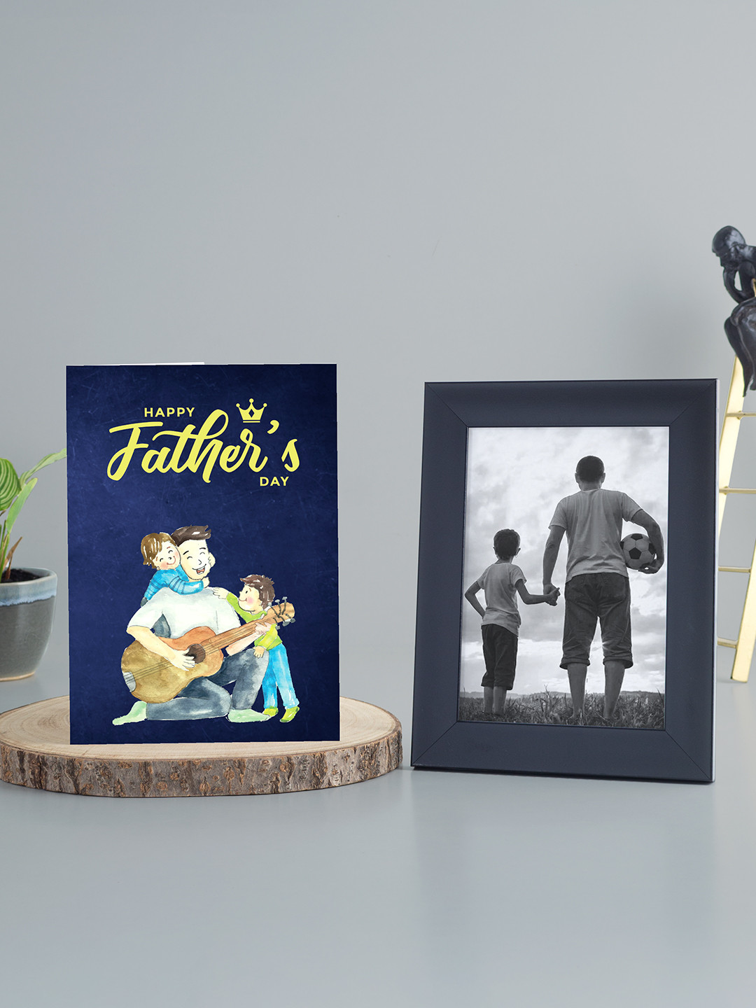 Golden Peacock Navy Blue Father's Day Greeting Card With Black Handcrafted Photo Frame
