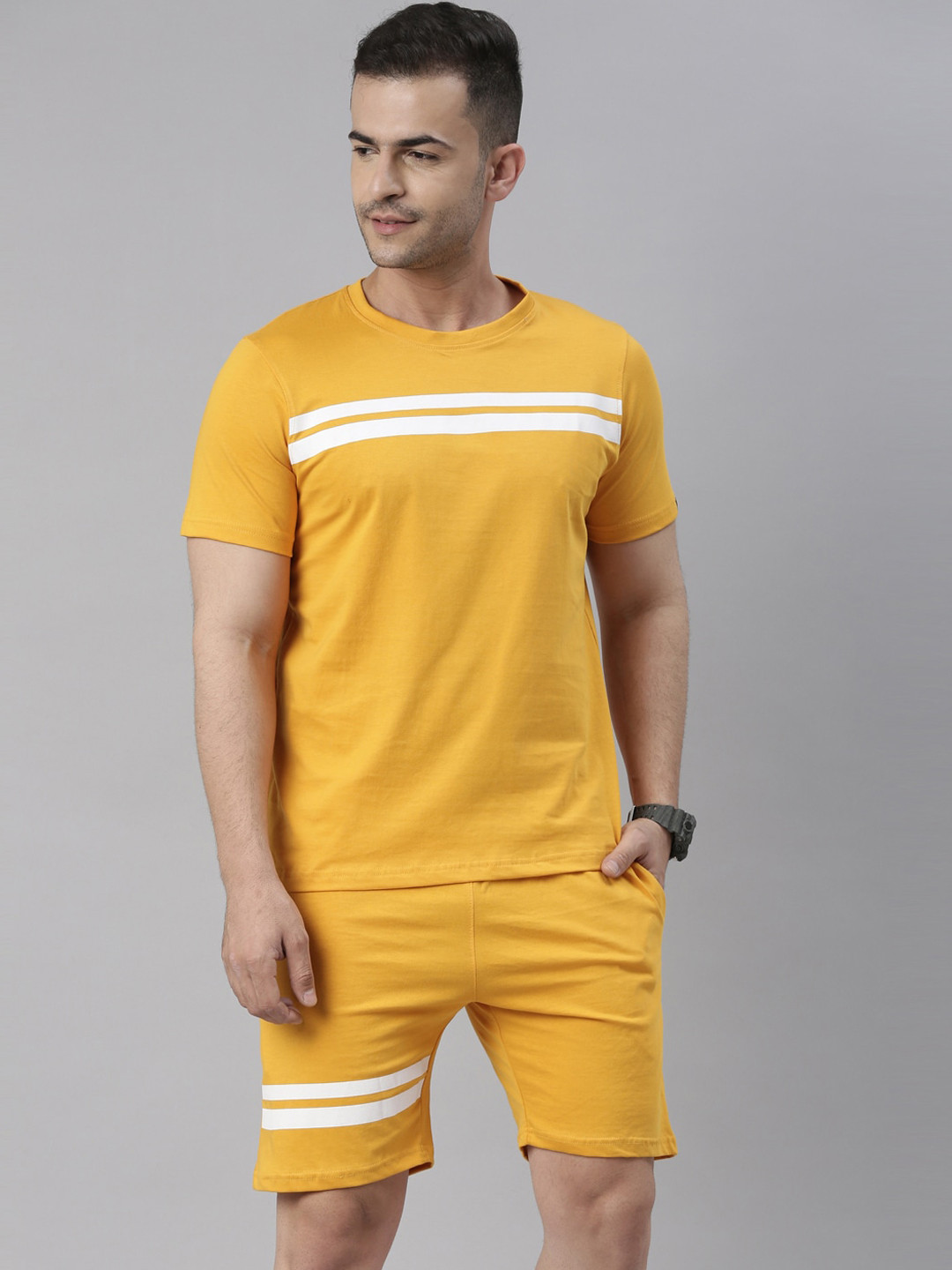 Bushirt Men Mustard & White Striped Pure Cotton Night Suit