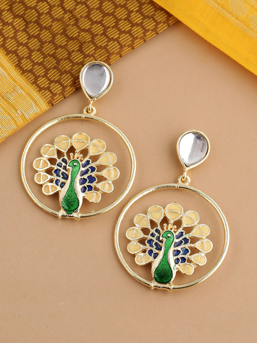 Shoshaa Green Peacock Shaped Drop Earrings