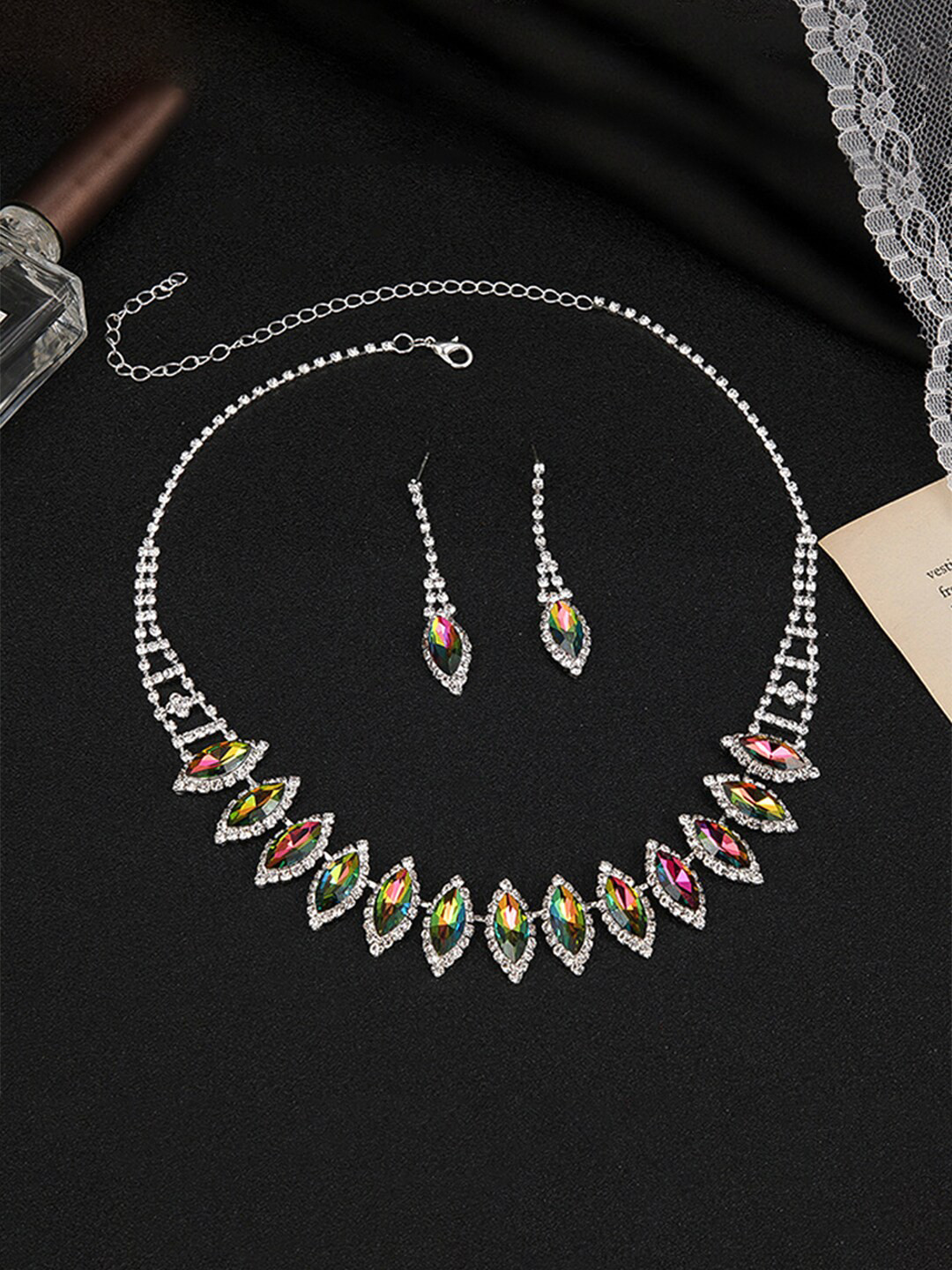 Yellow Chimes Silver-Plated White & Red Crystal-Studded Jewellery Set