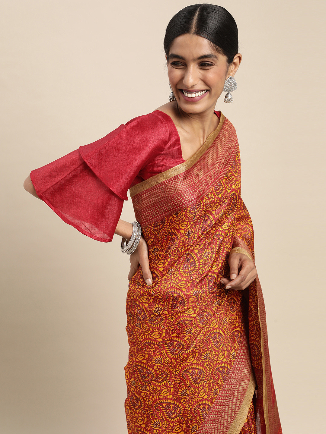 Saree mall Mustard & Red Ethnic Motifs Print Art Silk Block Print Saree