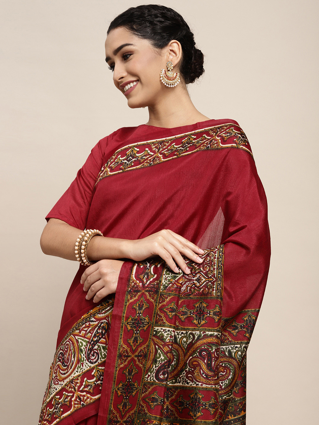 Saree mall Maroon & Mustard Ethnic Motifs Printed Taant Sarees