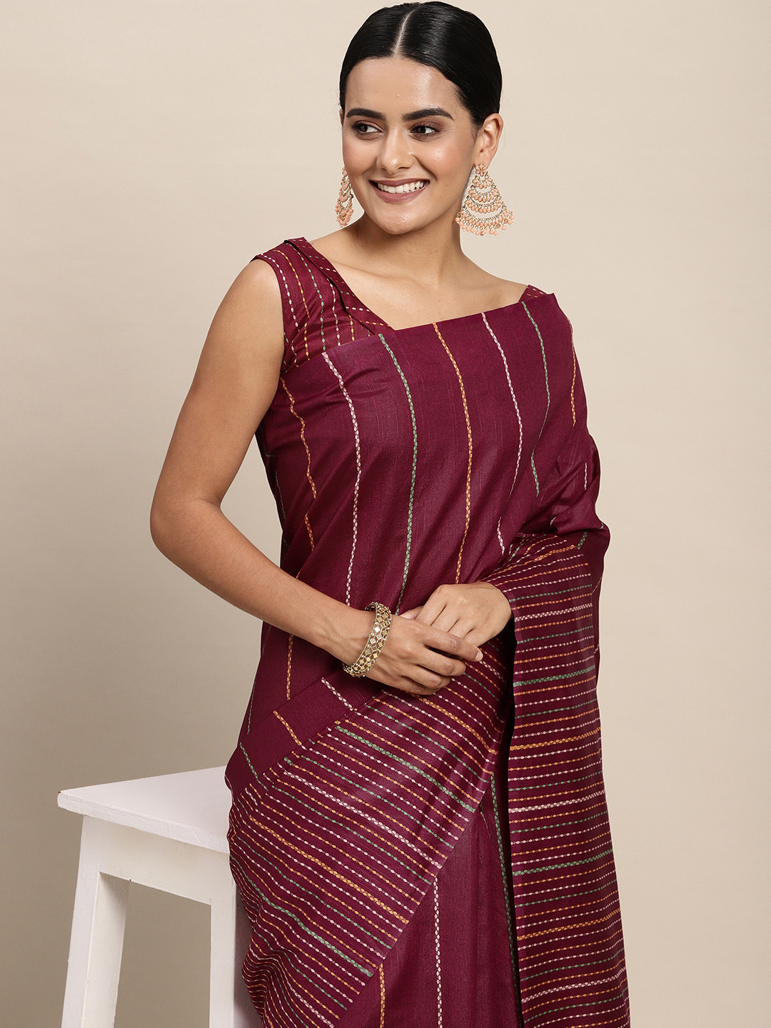 Saree mall Magenta & Pink Striped Art Silk Block Print Saree