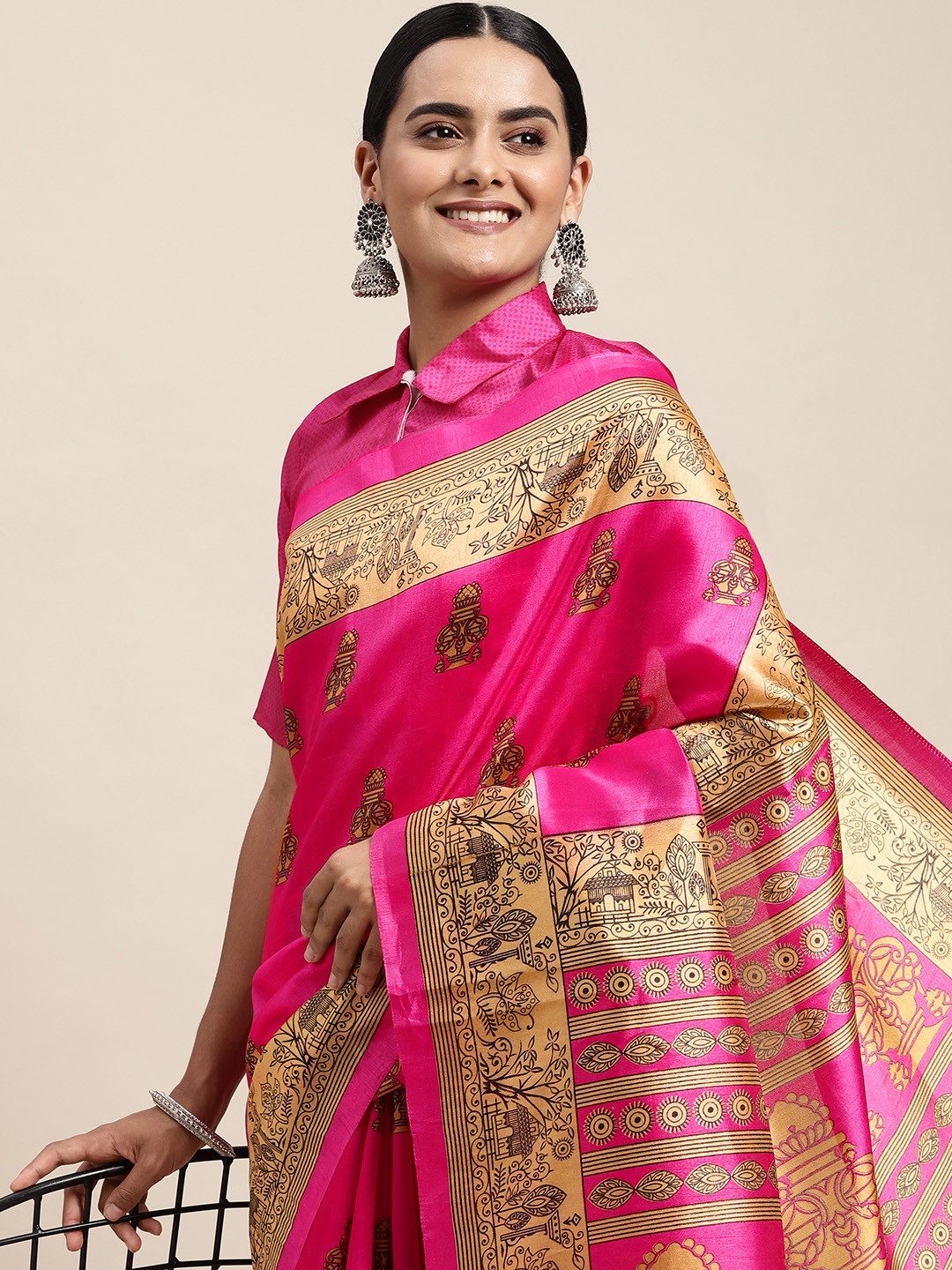 Saree mall Pink & Beige Ethnic Motifs Print Silk Blend Saree
