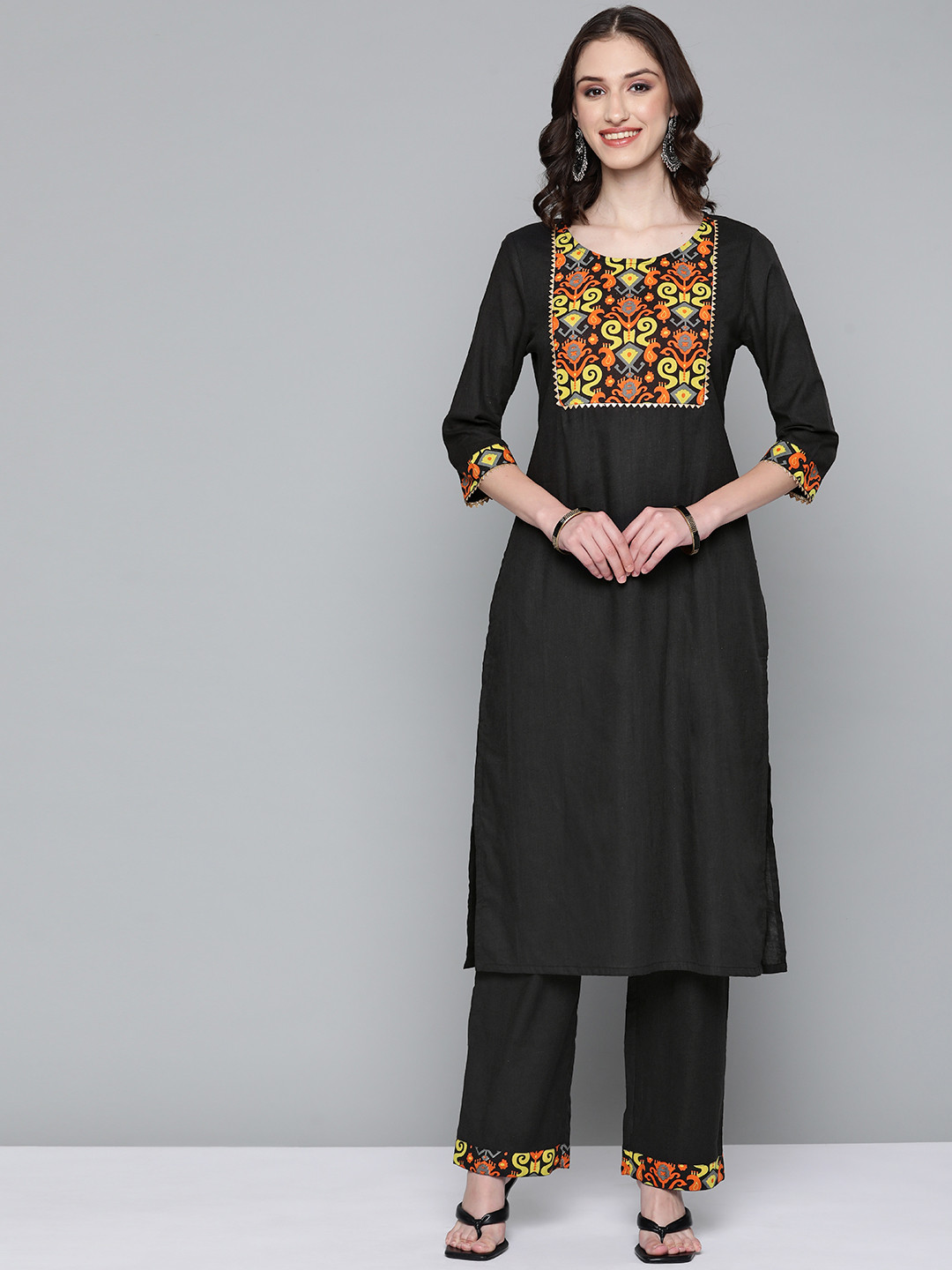 HERE&NOW Women Black Printed Pure Cotton Kurta with Palazzos