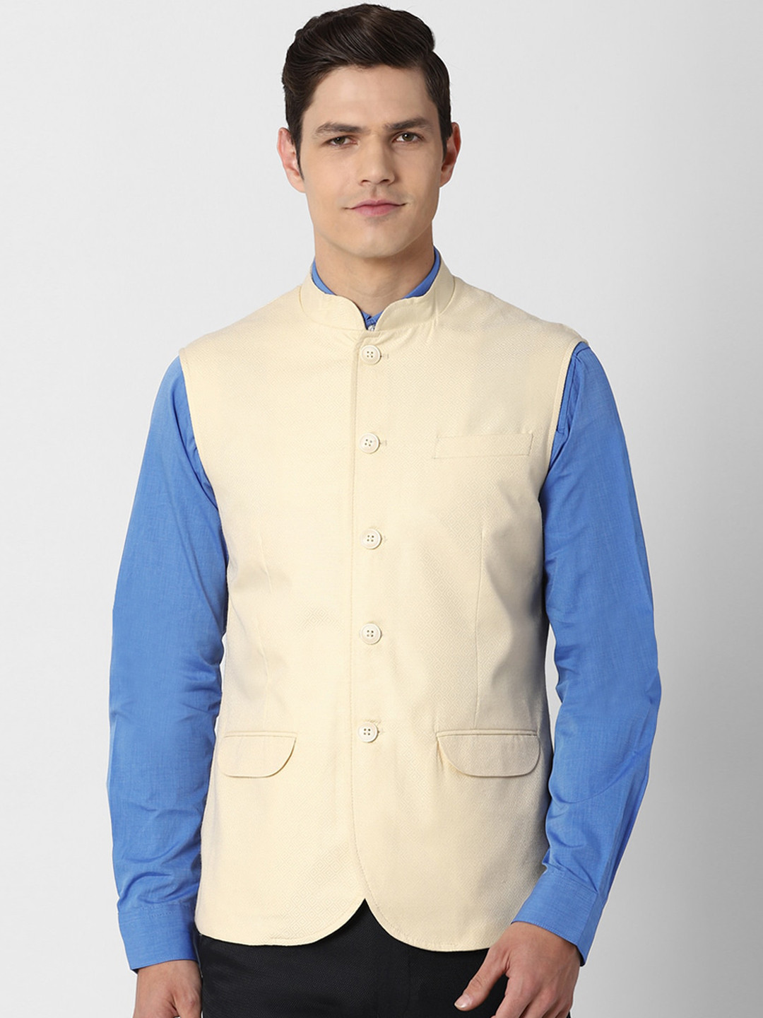 Peter England Elite Men Cream Printed Nehru Jackets