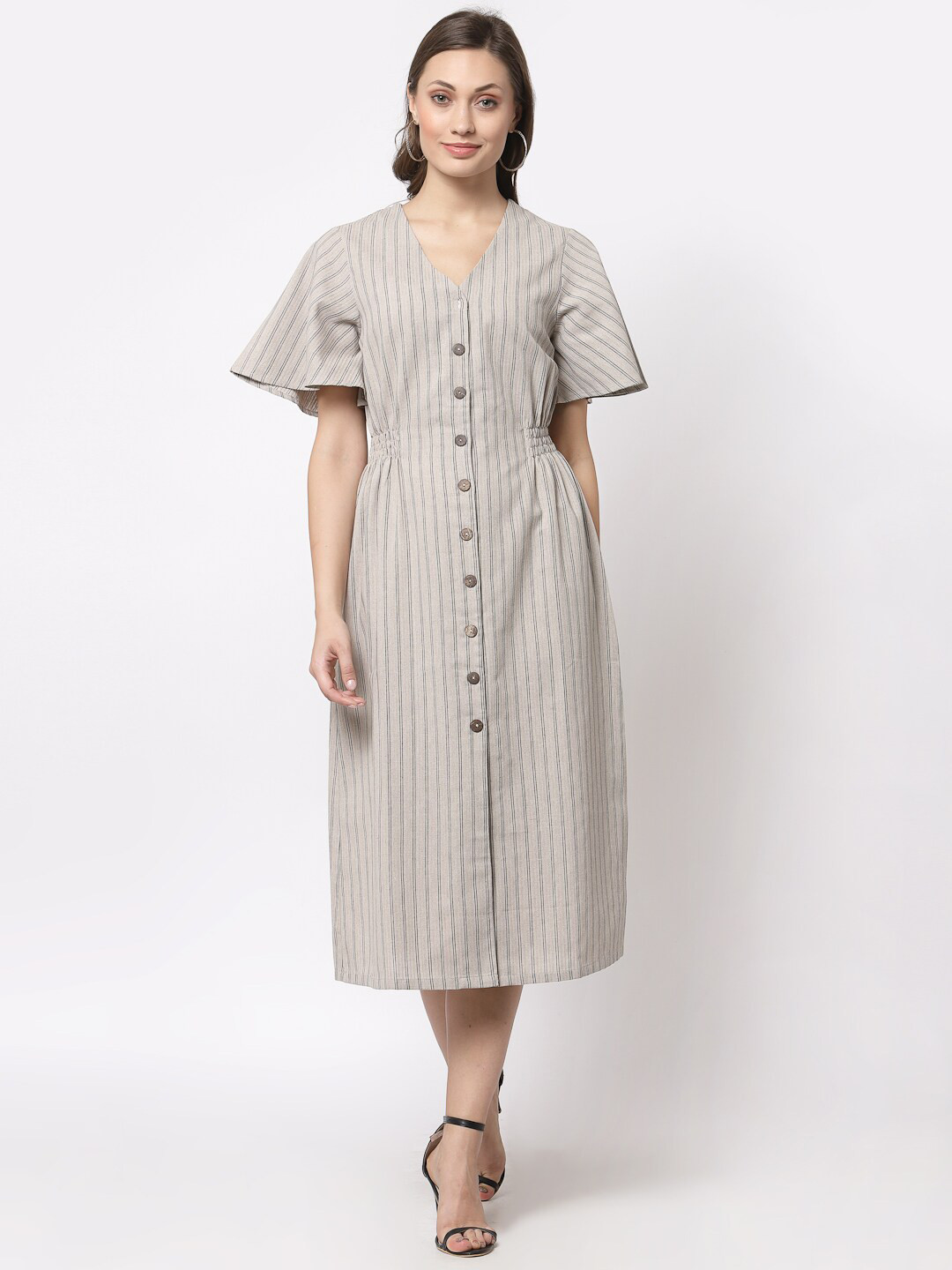Gipsy Beige Striped Satin A-Line Midi Dress