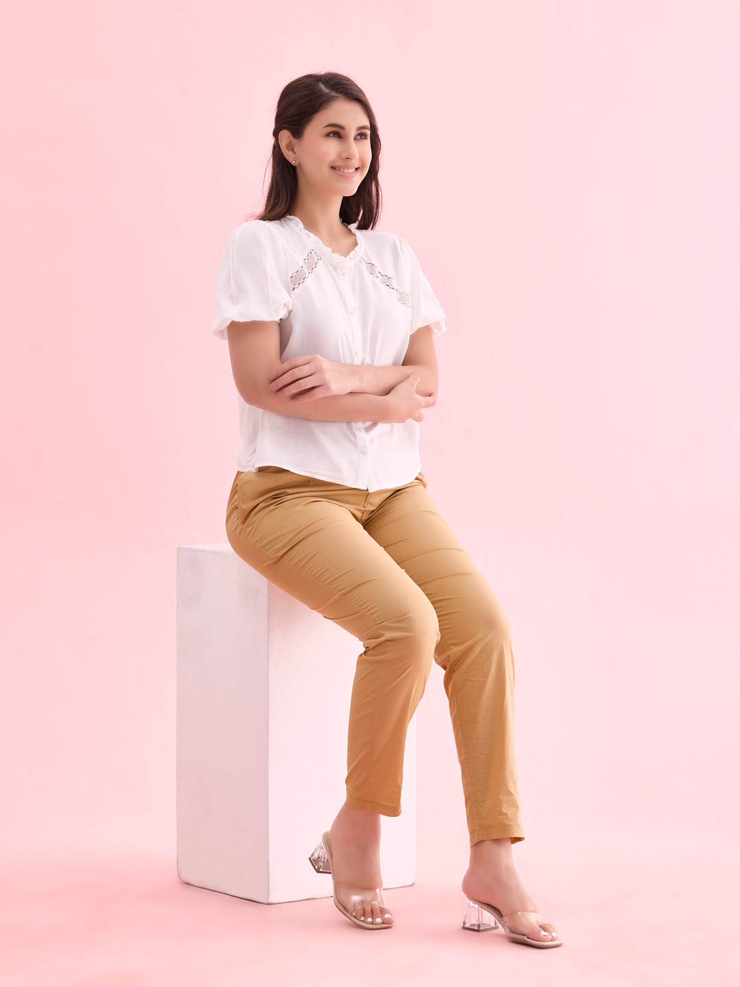 Go Colors Women Beige Tapered Fit Joggers Trousers