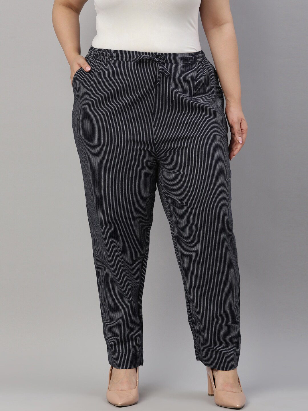 Go Colors Women Navy Blue Striped Tapered Fit Trousers