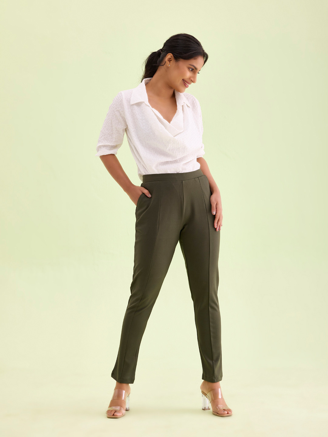 Go Colors Women Olive Green Slim Fit Joggers Trousers