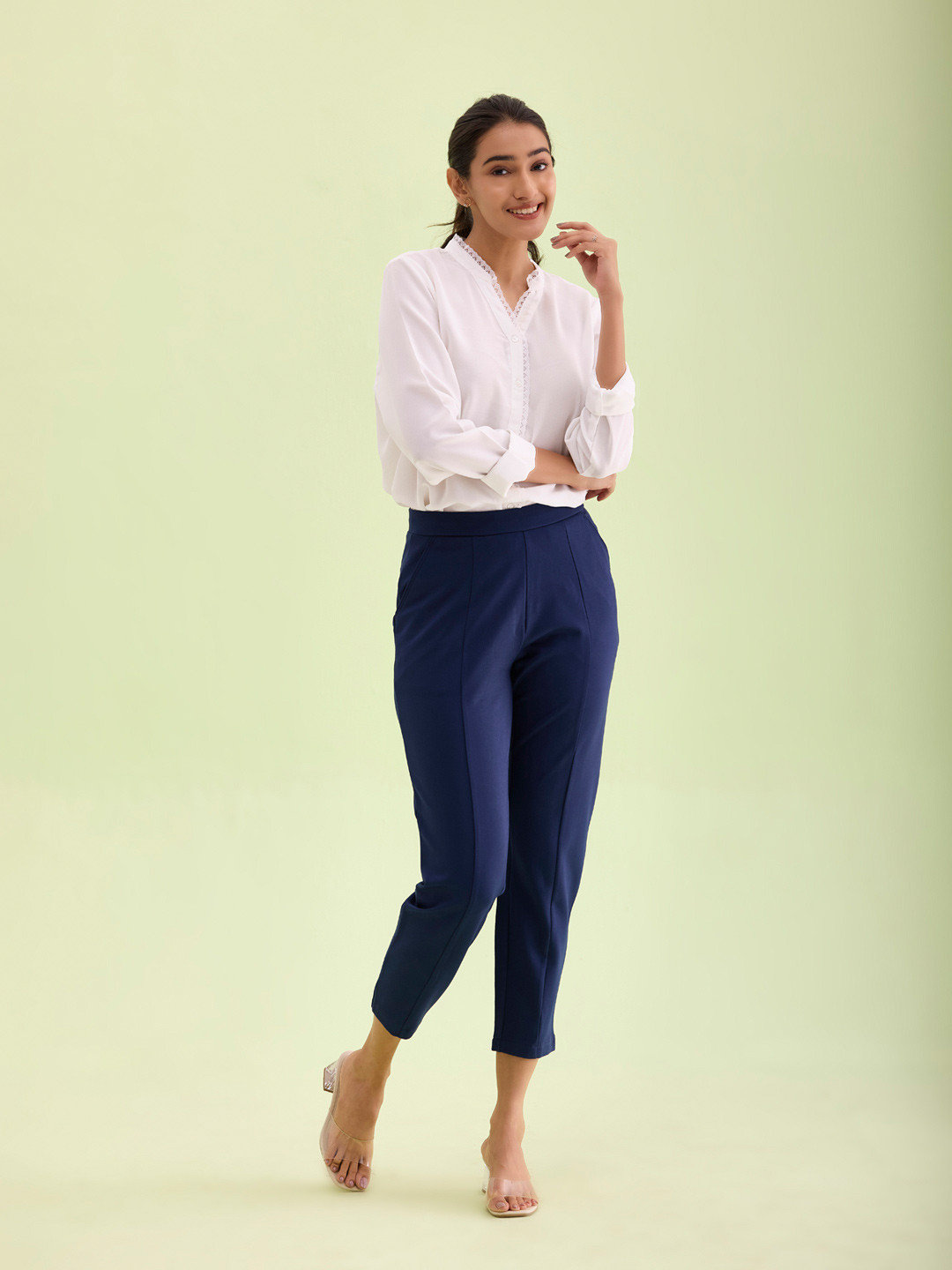 Go Colors Women Navy Blue Printed Slim Fit Chinos Trousers