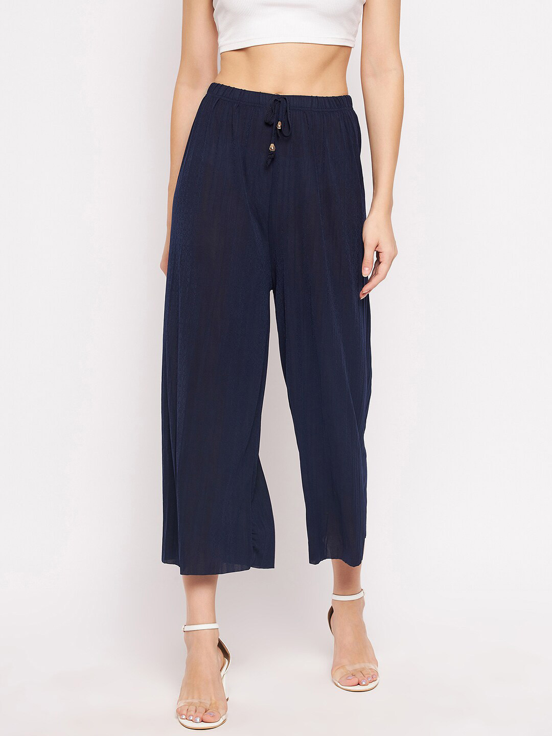 Camey Women Navy Blue Flared Knitted Cropped Palazzos