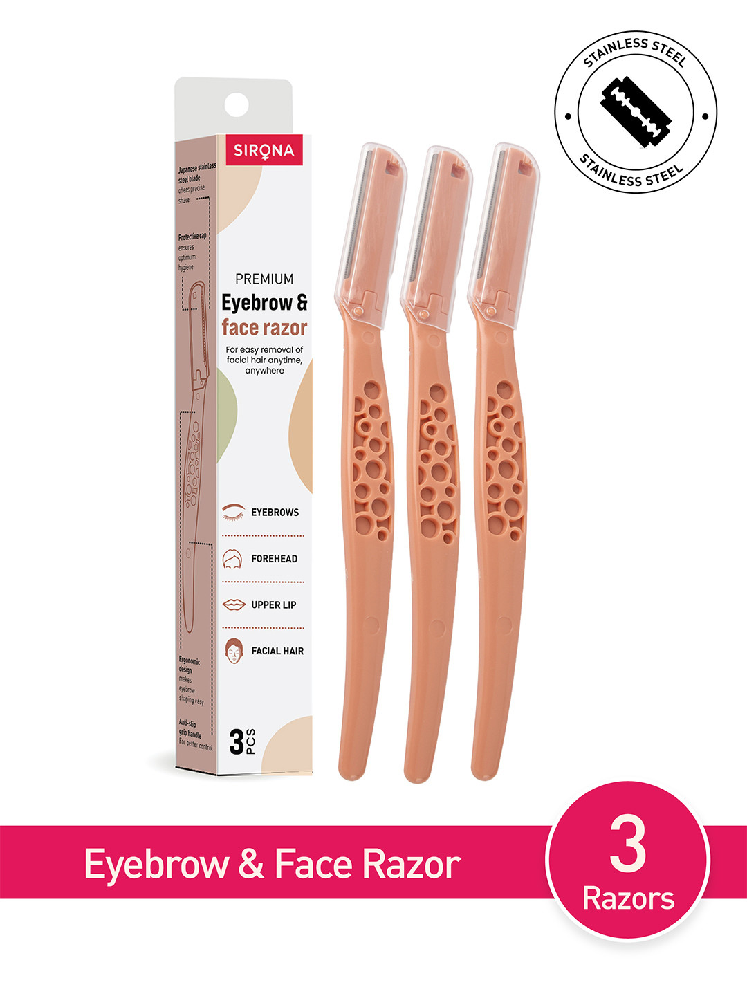 Sirona Set of 3 Eyebrow & Face Razors - Orange