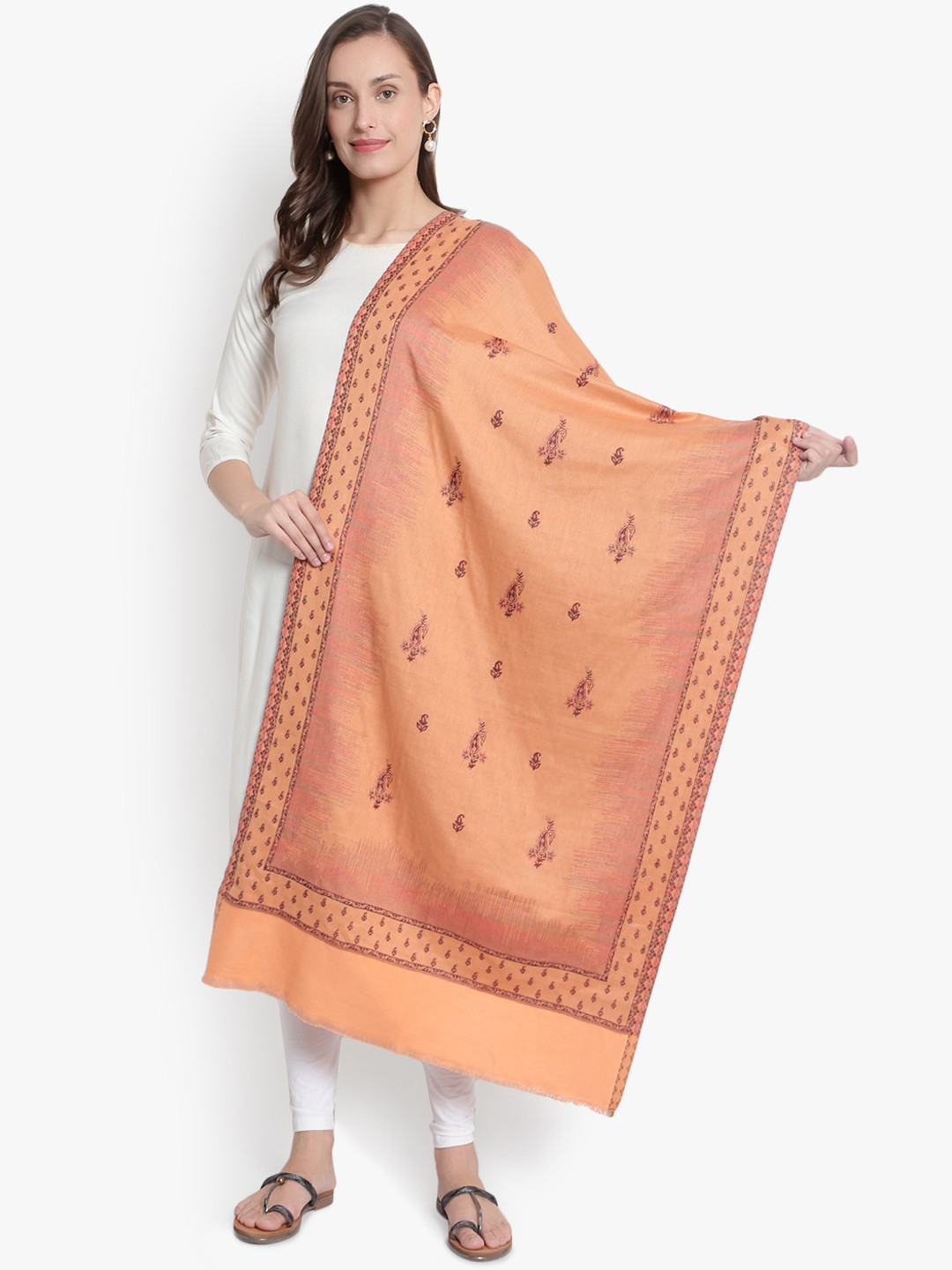 Mizash Women Peach-Colored Woven Design Wool Shawl