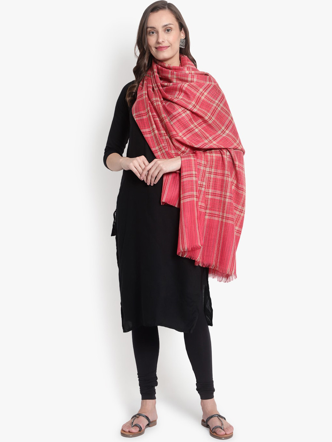 Mizash Women Pink Checks Printed Woolen Shawl