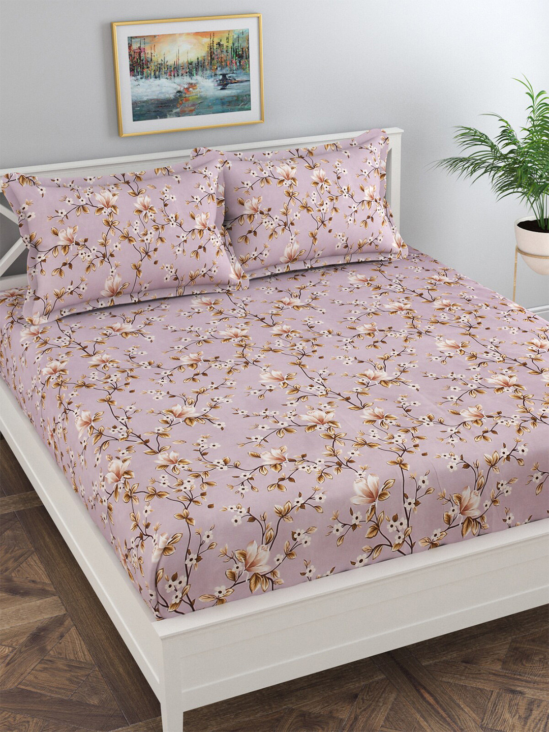 Florida Reeva Mauve Floral Polycotton 120 TC King Fine Bedsheet with 2 Pillow Covers-274 x 274 cm