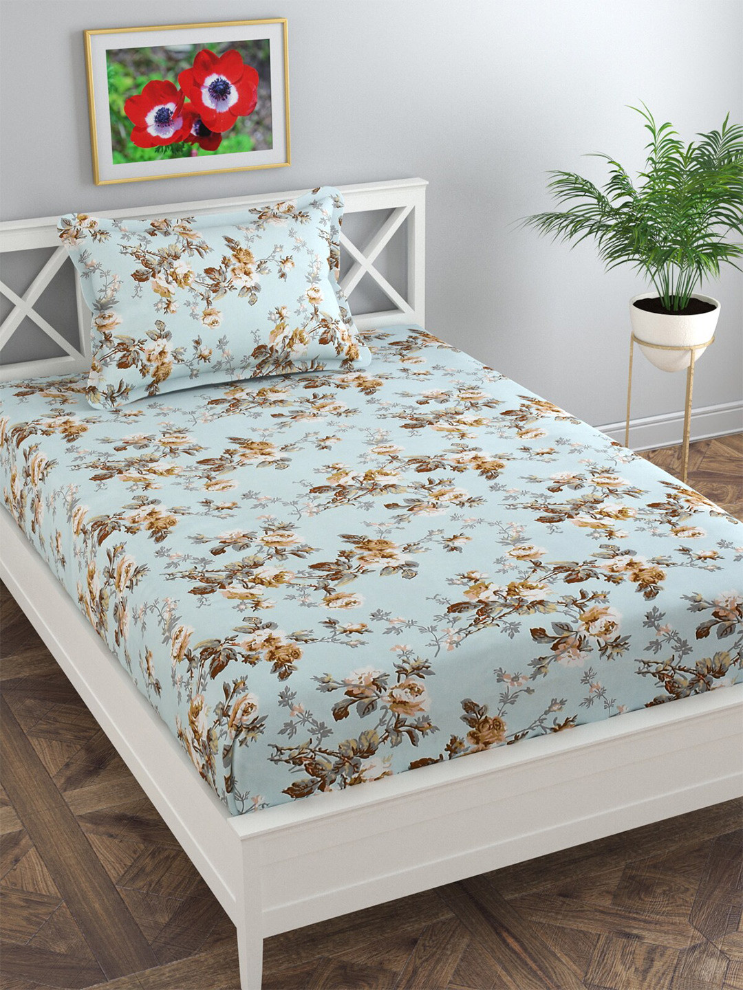 Florida Everyday Blue Floral Polycotton 120 TC Single Bedsheet with a Pillow Cover-87 x 59 inches