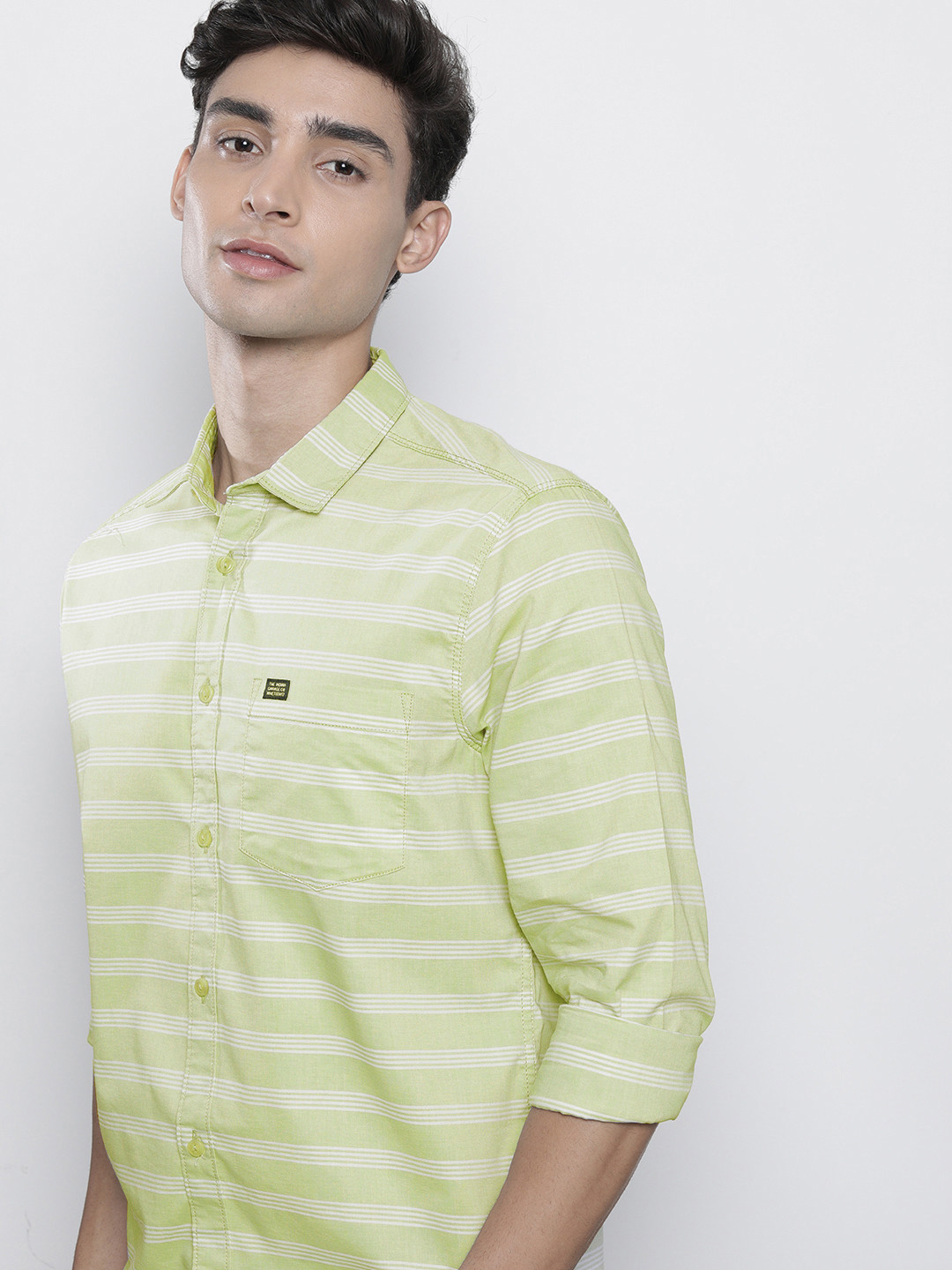 The Indian Garage Co Men Green Classic Slim Fit Pinstripes Casual Shirt