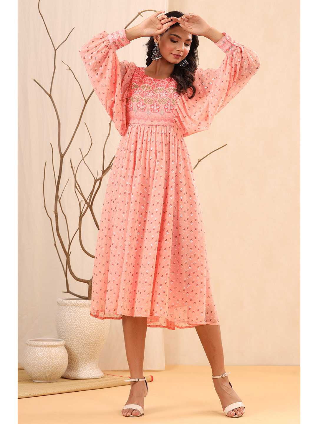 Juniper Peach-Coloured & salmon Ethnic Motifs Georgette A-Line Midi Dress