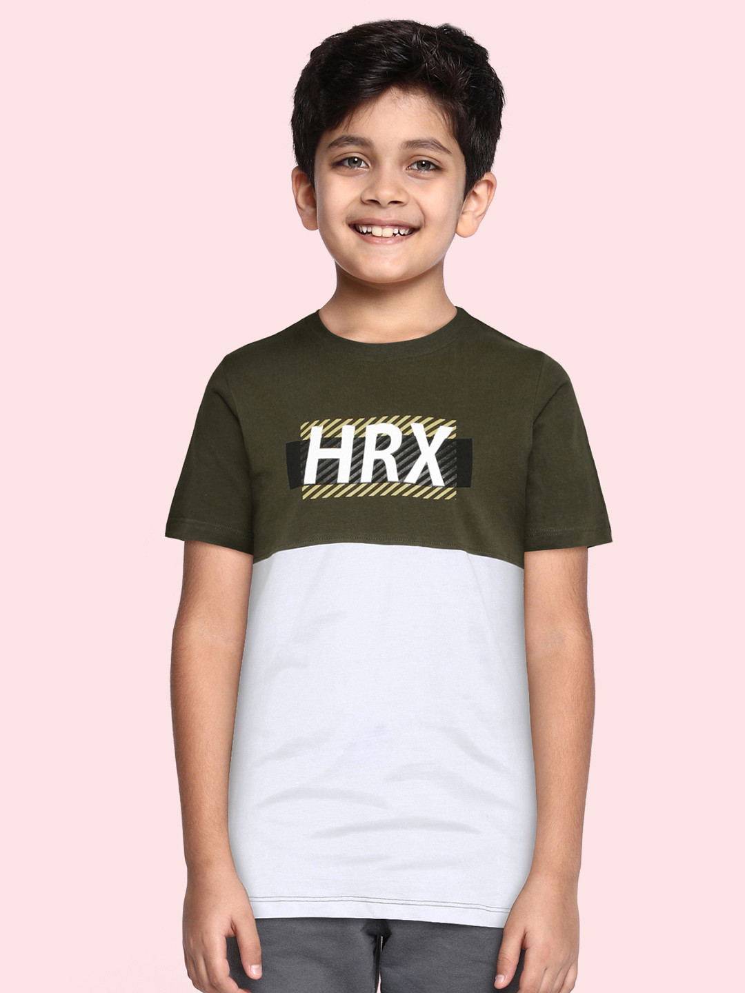 HRX by Hrithik Roshan Boys Off White & Olive Green Colourblocked Lifestyle T-shirt