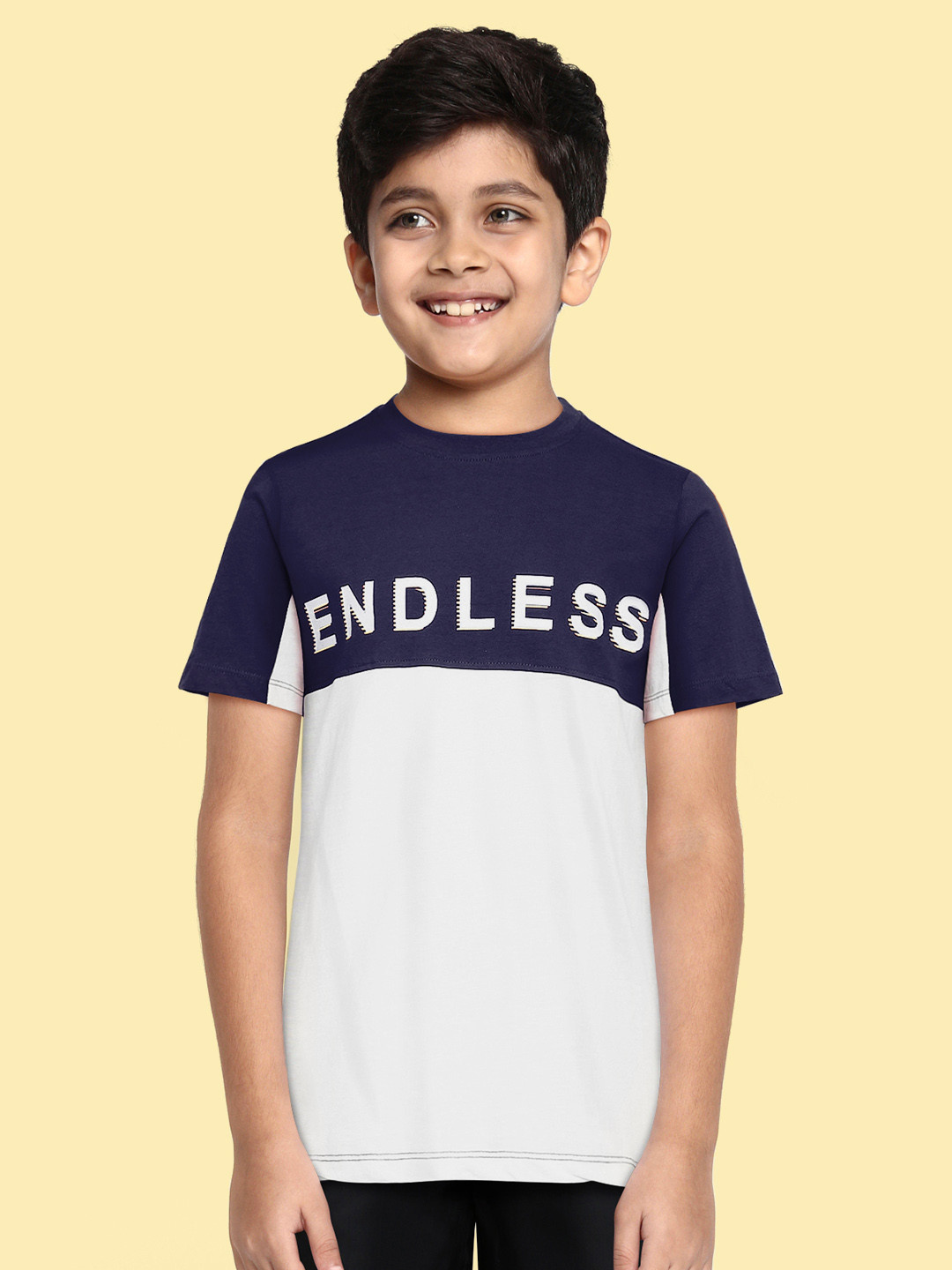 HRX by Hrithik Roshan Boys White & Navy Blue Typography Colourblocked Lifestyle T-shirt
