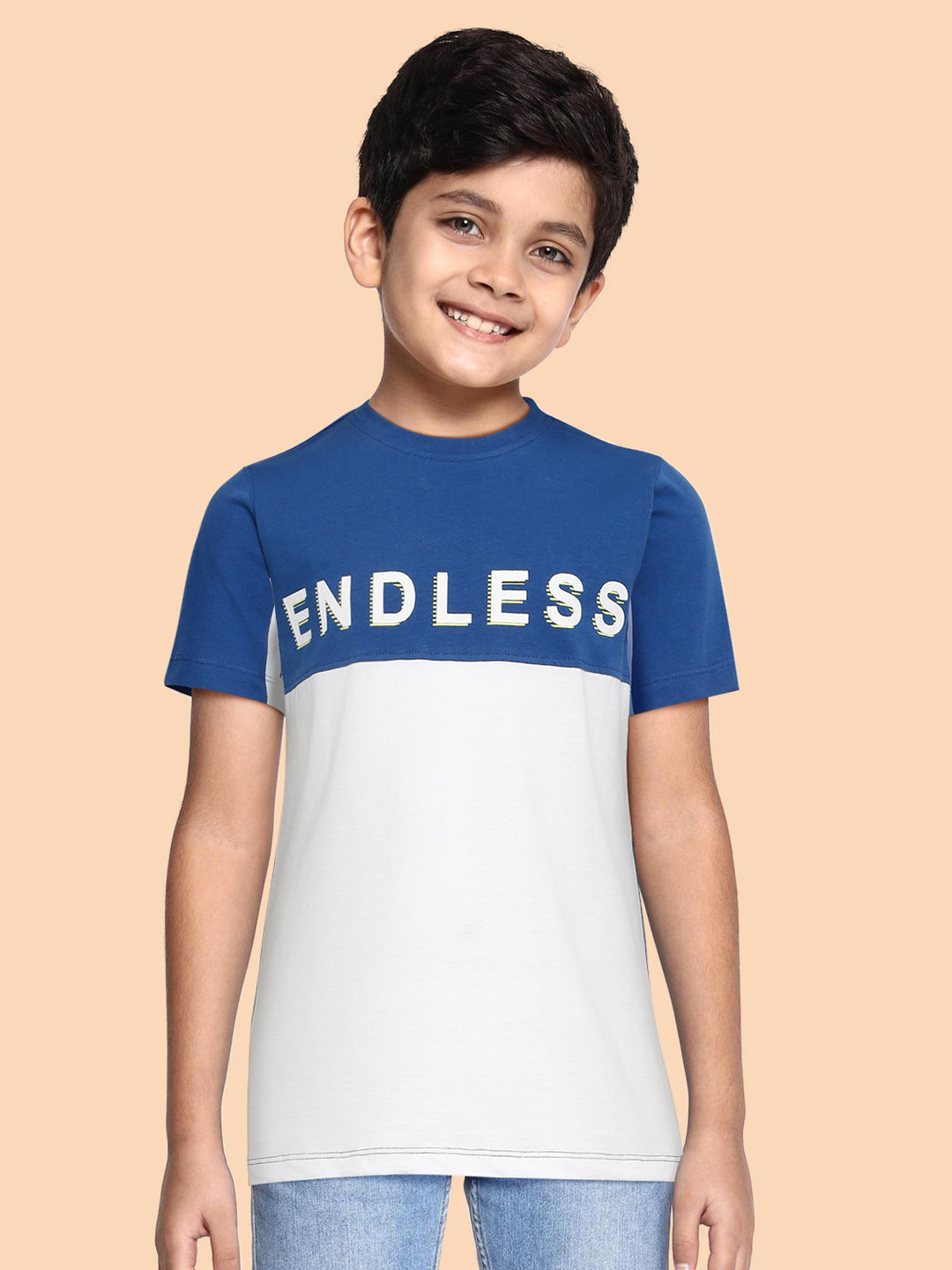 HRX by Hrithik Roshan Boys White & Teal Blue Typography Colourblocked Lifestyle T-shirt