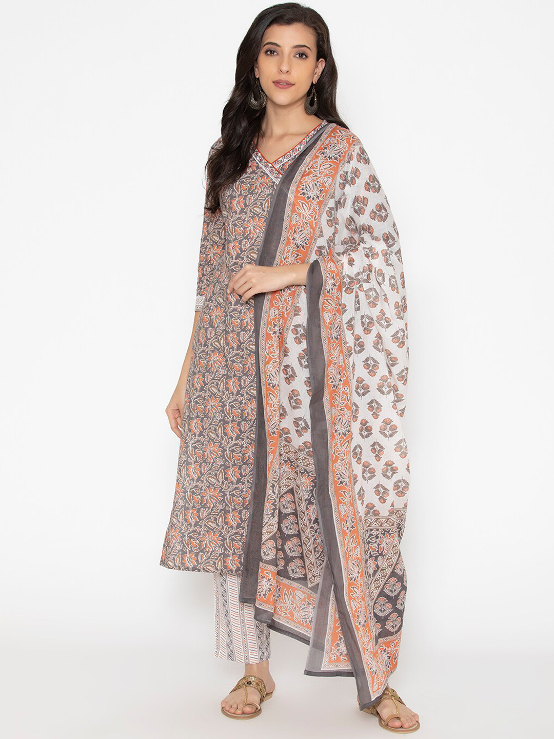 SAABHI Women Grey Ethnic Motifs Printed Mirror Work Pure Cotton Kurta with Palazzos & With Dupatta