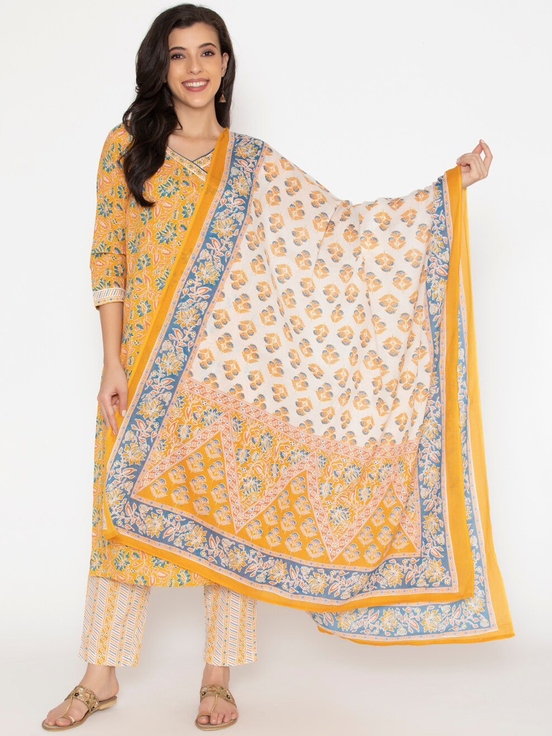 SAABHI Women Mustard Yellow Floral Printed Angrakha Mirror Work Pure Cotton Kurta with Trousers & With