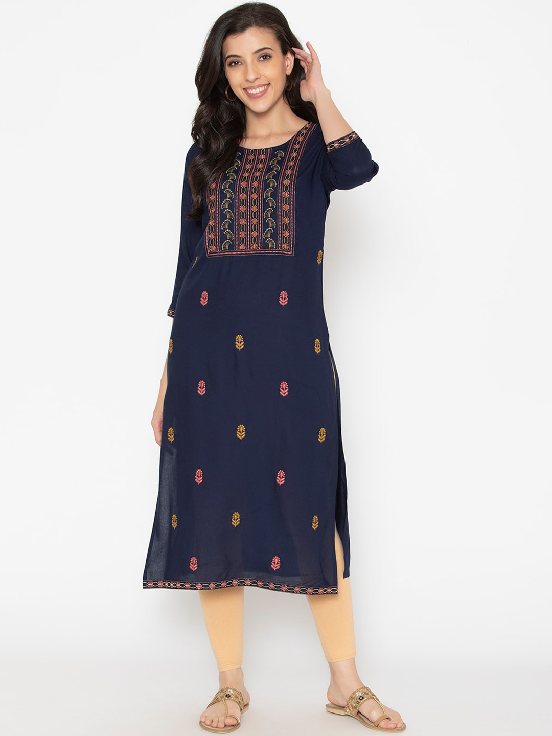 SAABHI Women Navy Blue Ethnic Motifs Gotta Patti Kurta