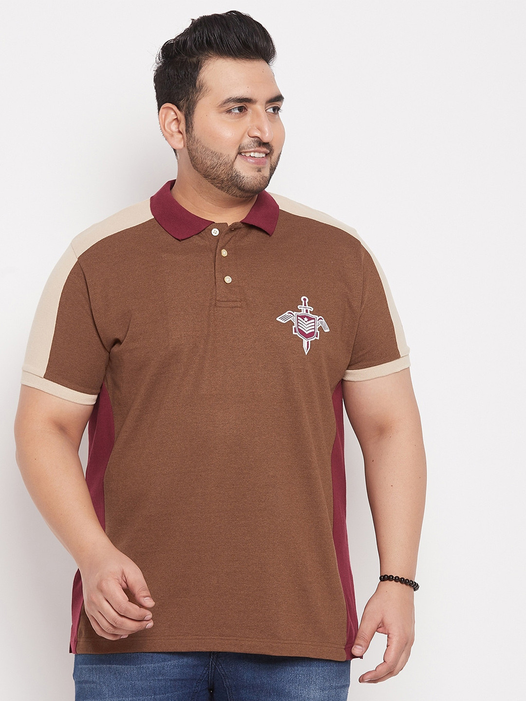 bigbanana Men Plus Size Beige Polo Collar Applique T-shirt