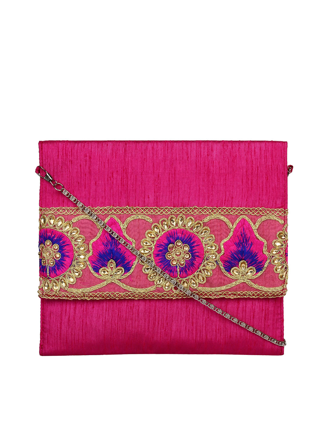 Anekaant Gild Pink Embroidered Clutch with Sling Strap