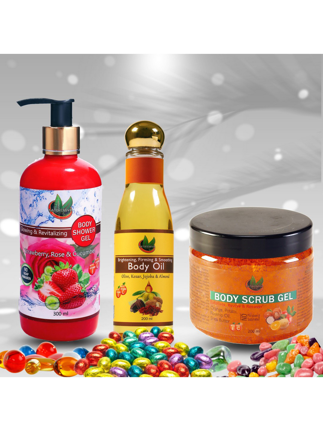 NatureNova Herbals Body Wash + Body Scrub + Body Oil