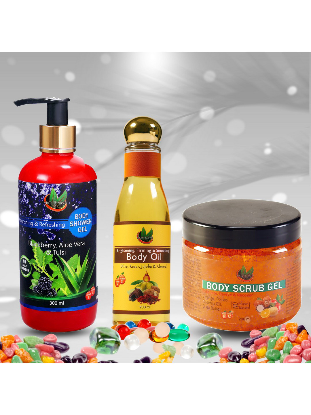 NatureNova Herbals Bath & Body Combo -Shower Gel 300ml - Body Scrub 200ml - Body Oil 100ml