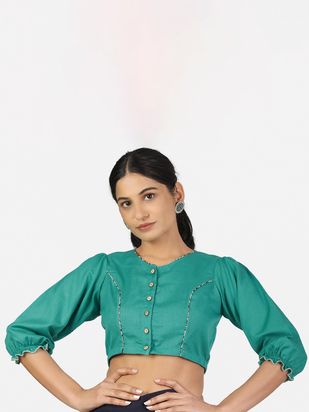 Llajja Women Teal Solid 3/4th Sleeve Saree Blouse