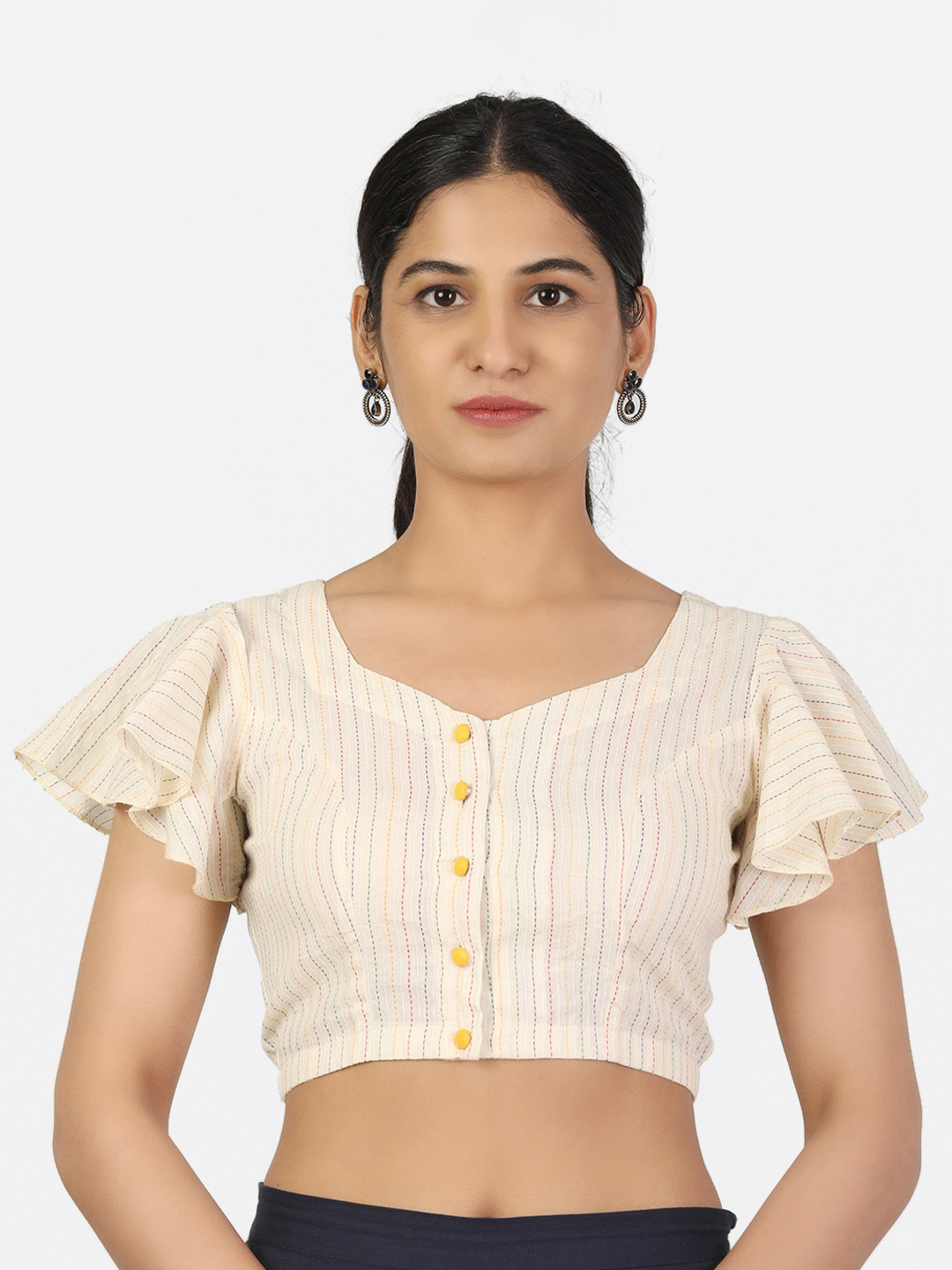 Llajja Women Off White Woven Design Cotton Saree Blouse