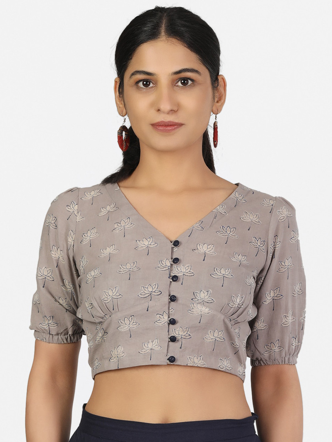 Llajja Women Grey Printed Pure Cotton Non Padded Saree Blouse